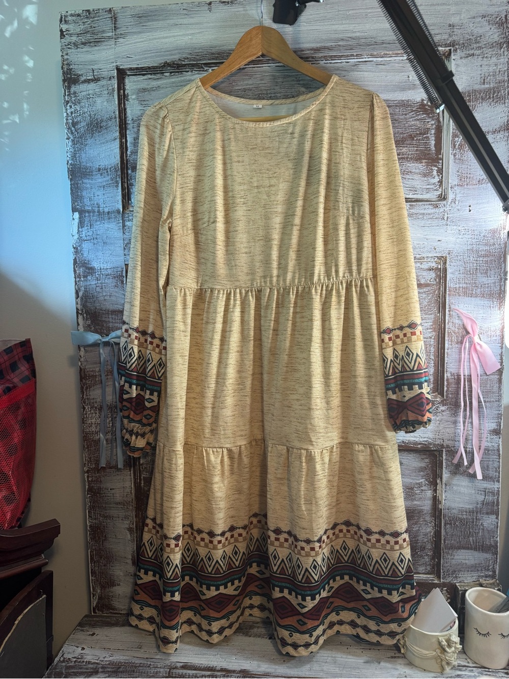 Beige Tiered Dress with Tribal Trim - Womens